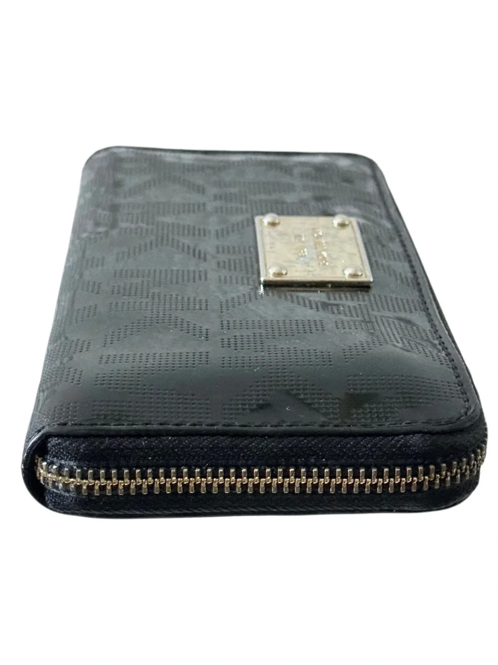 Michael Kors Black Patent Embossed Logo Zip Around Accordion Wallet Gold Tone